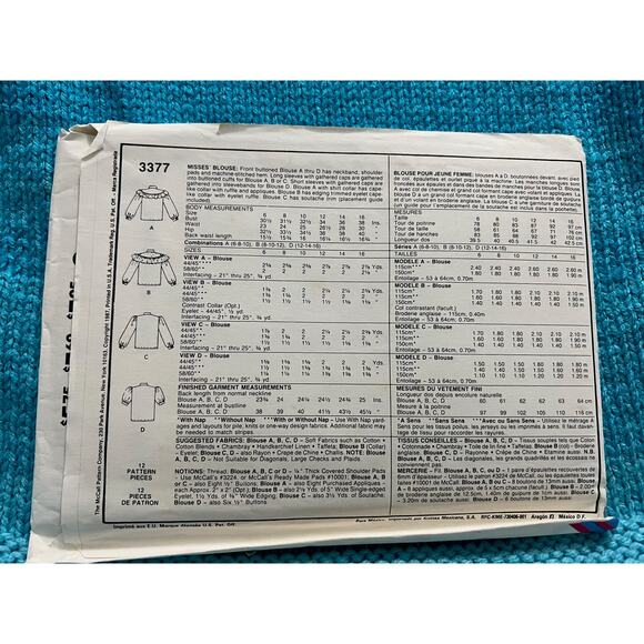 McCalls 3377 pattern blouse button down puff sleeve half sleeve size 8 10 12 - Picture 3 of 7